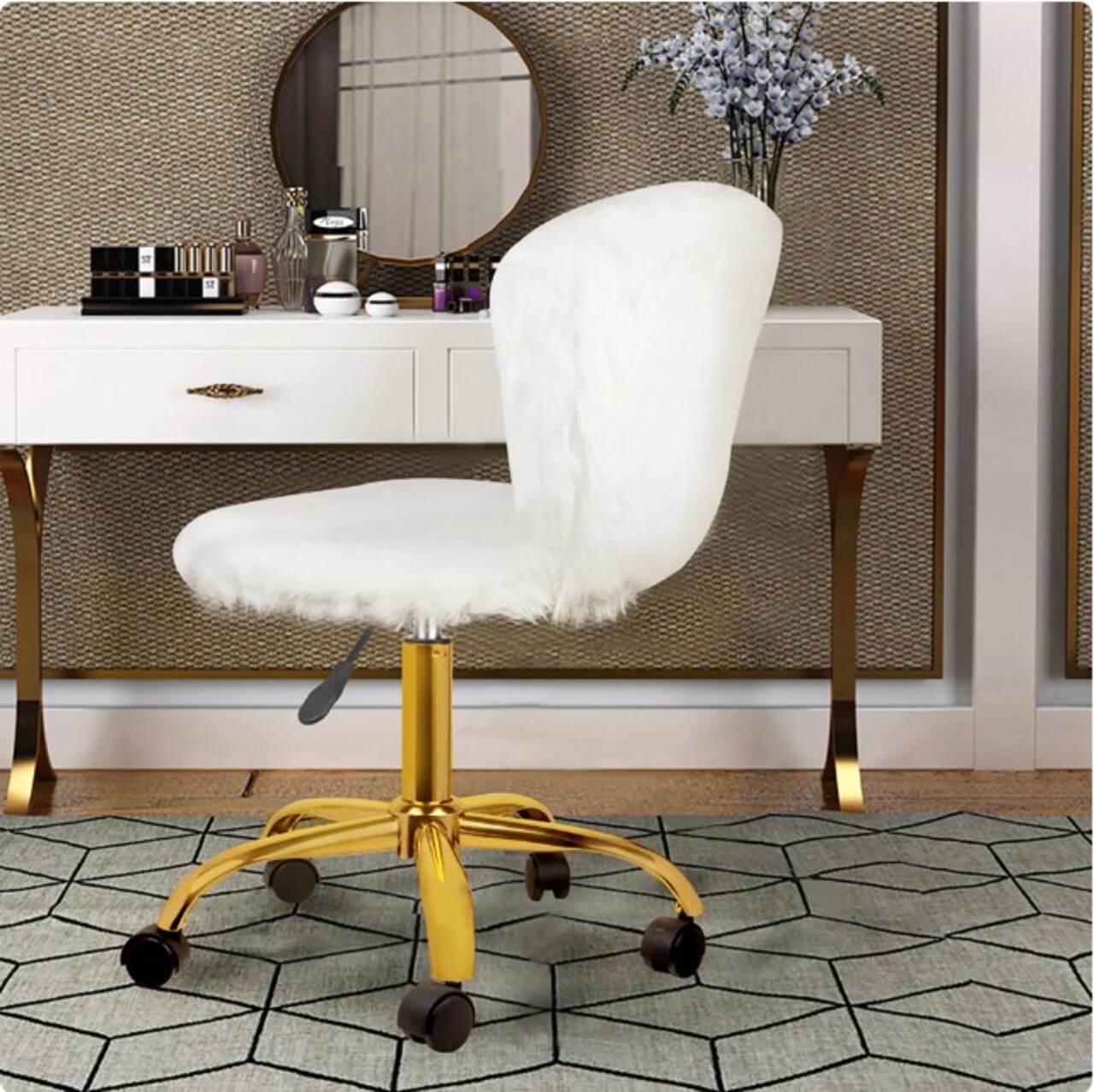 Swivel Vanity Chair with Gold Legs, White Fuzzy Desk Chairs for Teen Girls